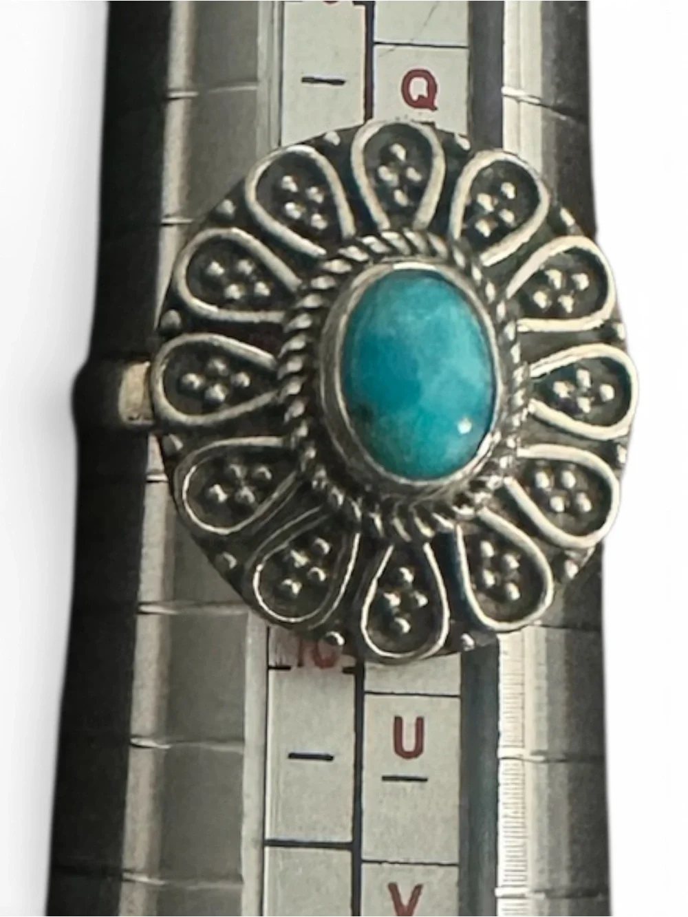 Turquoise Oval Stone Floral Silver Ring by Krush Kandy size 9.25 stamped